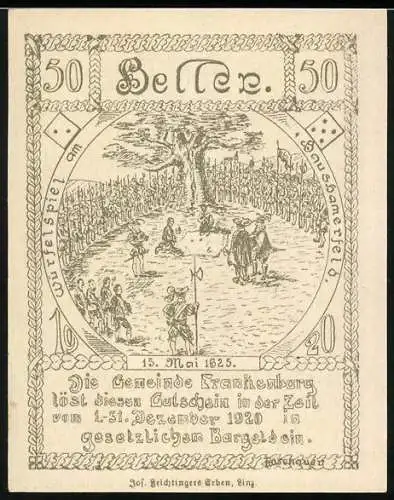 Notgeld Frankenburg 1920, 50 Heller, Würfelspiel mit Zuschauern unter Baum, Wappen und Würfelmotive