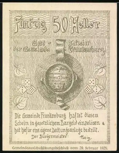 Notgeld Frankenburg 1920, 50 Heller, Würfelspiel mit Zuschauern unter Baum, Wappen und Würfelmotive