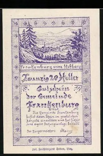 Notgeld Frankenburg 1920, 20 Heller, Landschaft vom Hobberg, Wappen im Kreisornament