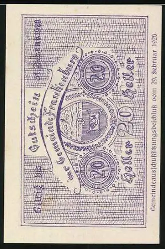 Notgeld Frankenburg 1920, 20 Heller, Landschaft vom Hobberg, Wappen im Kreisornament