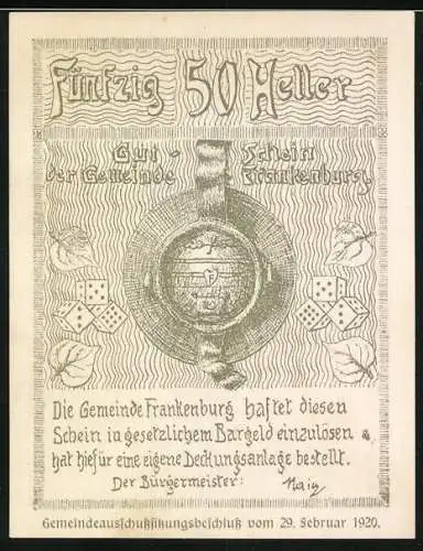 Notgeld Frankenburg 1920, 50 Heller, Würfelspiel und Siegelmotiv, Wappen