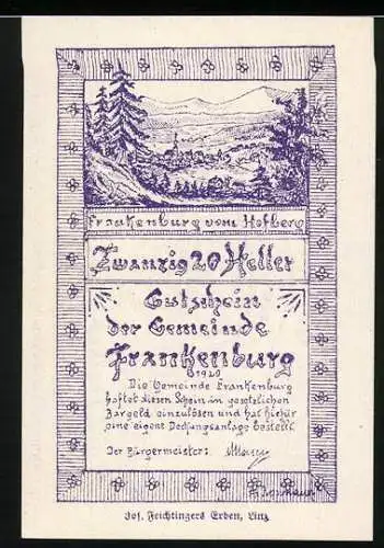 Notgeld Frankenburg 1920, 20 Heller, Landschaft und Wappen, lila Druck