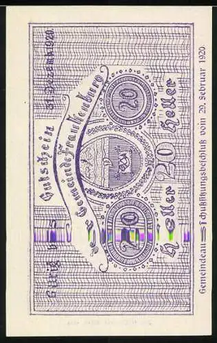 Notgeld Frankenburg 1920, 20 Heller, Landschaft und Wappen, lila Druck