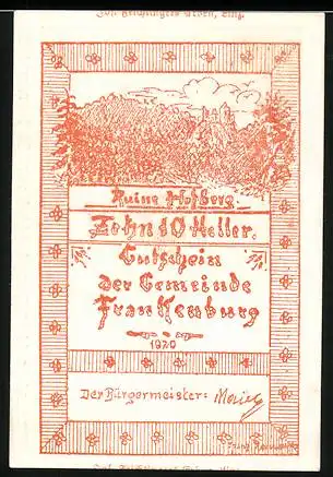 Notgeld Frankenburg 1920, 10 Heller, Ruinenmotiv mit Landschaft und Inschrift