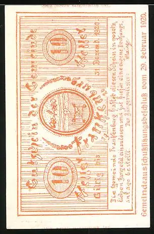 Notgeld Frankenburg 1920, 10 Heller, Ruinenmotiv mit Landschaft und Inschrift