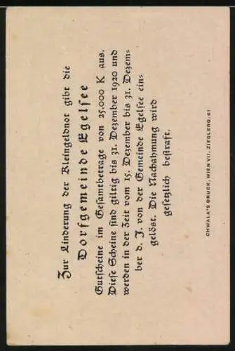 Notgeld Egelsee 1920, 20 Heller, Aussichtsturm und Reben, Text zur Auszahlung von Gemeindegutscheinen