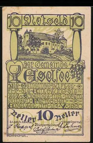 Notgeld Egelsee 1920, 10 Heller, Schloss mit Trauben und Kelchmotiv