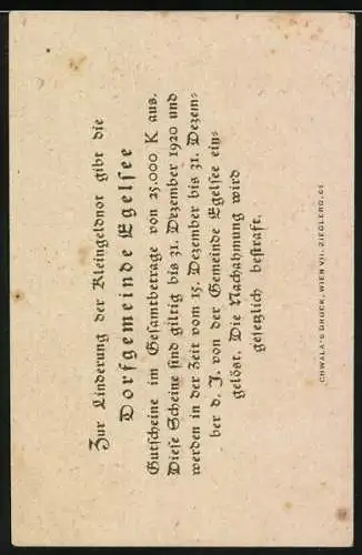 Notgeld Egelsee 1920, 10 Heller, Schloss mit Trauben und Kelchmotiv