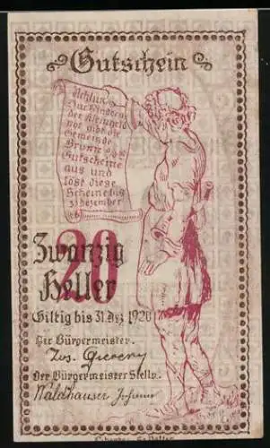 Notgeld Brunn 1920, 20 Heller, Mann mit Schriftrolle und dekorative Schriftzüge