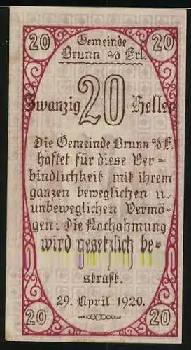 Notgeld Brunn 1920, 20 Heller, Mann mit Schriftrolle und dekorative Schriftzüge