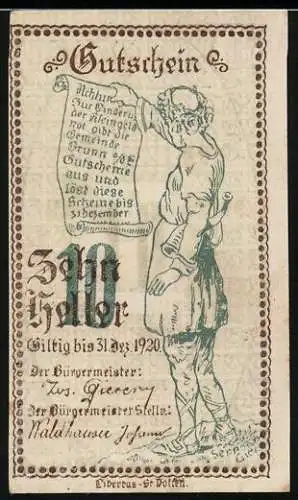 Notgeld Brunn 1920, 10 Heller, Mann mit Schriftrolle und Textumrandung