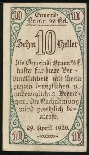 Notgeld Brunn 1920, 10 Heller, Mann mit Schriftrolle und Textumrandung