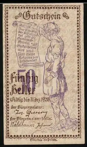 Notgeld Brunn am Gebirge 1920, 50 Heller, Mann mit Schriftrolle, Gültigkeitstext