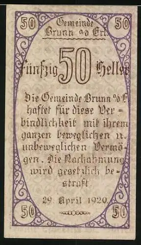 Notgeld Brunn am Gebirge 1920, 50 Heller, Mann mit Schriftrolle, Gültigkeitstext