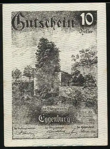 Notgeld Eggenburg 1920, 10 Heller, Ruinenlandschaft und Stadtsiegel