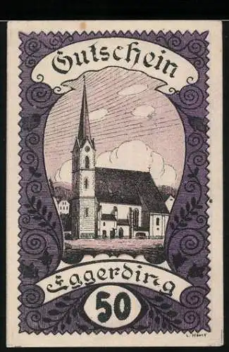 Notgeld Eggerding 1920, 50 Heller, Kirche mit Wolkenhimmel