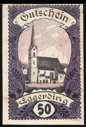 Notgeld Eggerding, 50 Heller, Kirche mit violettem Rahmen und Schriftzug Gutschein