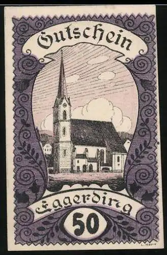 Notgeld Eggerding 1920, 50 Heller, Kirche mit Turm und dekorativem Rahmen