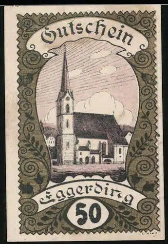 Notgeld Eggerding 1920, 50 Heller, Kirche mit Wolken und kunstvolle Verzierung