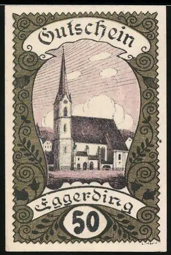 Notgeld Eggerding 1920, 50 Heller, Kirche mit verzierten Rahmen und Textdetails