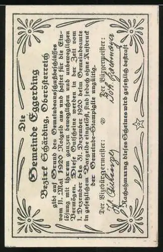 Notgeld Eggerding 1920, 50 Heller, Kirche mit verzierten Rahmen und Textdetails