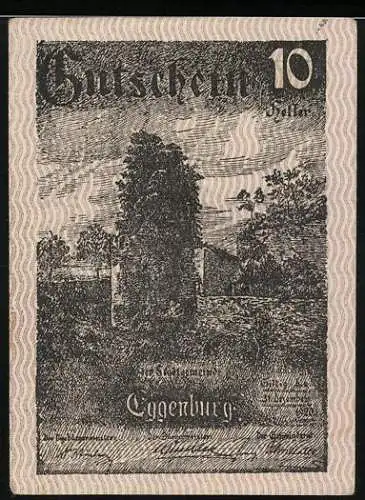 Notgeld Eggenburg 1920, 10 Heller, Landschaftsmotiv mit Ruine und Siegel auf Rückseite