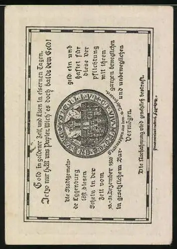 Notgeld Eggenburg 1920, 10 Heller, Landschaftsmotiv mit Ruine und Siegel auf Rückseite