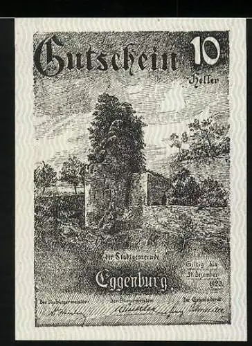 Notgeld Eggenburg 1920, 10 Heller, Burgruine mit Bäumen, Stadtsiegel und Gedicht