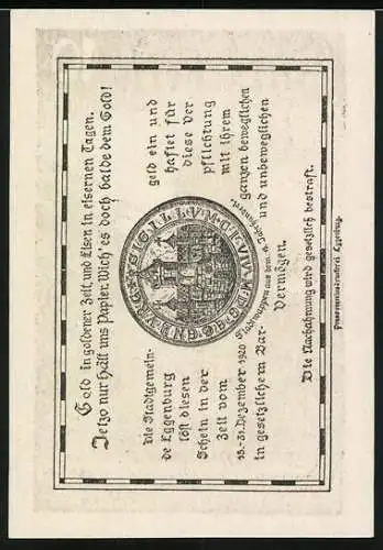 Notgeld Eggenburg 1920, 10 Heller, Burgruine mit Bäumen, Stadtsiegel und Gedicht