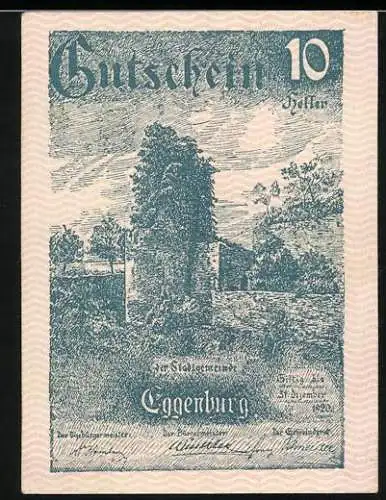 Notgeld Eggenburg 1920, 10 Heller, Ruine mit Bäumen und Stadtwappen, Text und Verzierung