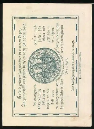 Notgeld Eggenburg 1920, 10 Heller, Ruine mit Bäumen und Stadtwappen, Text und Verzierung