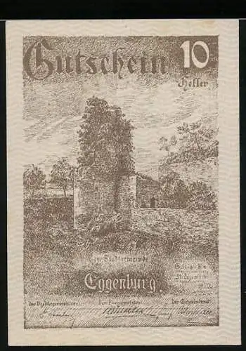 Notgeld Eggenburg 1920, 10 Heller, Burgruine mit Stadtwappen und Inschriftentafel