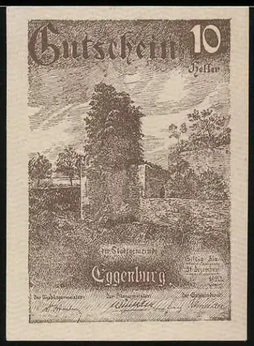 Notgeld Eggenburg 1920, 10 Heller, Burgruine mit Siegel und Schriftzug