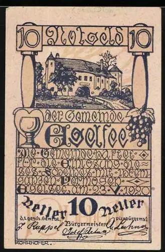 Notgeld Egelsee /Krems an der Donau, 1920, 10 Heller, Dorfansicht mit Weinstock und Kelch