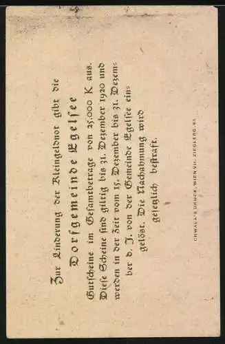 Notgeld Egelsee /Krems an der Donau, 1920, 10 Heller, Dorfansicht mit Weinstock und Kelch