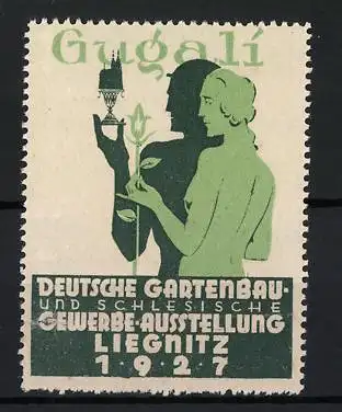 Reklamemarke Liegnitz, Deutsche Gartenbau- und Schlesische Gewerbe-Ausstellung 1927, Mann und Frau mit Pflanze