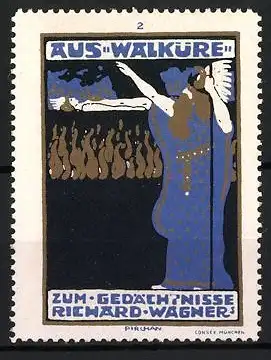 Künstler-Reklamemarke Emil Pirchan, Aus Walküre, Richard Wagner Gedenken, Frau in blauem Kleid