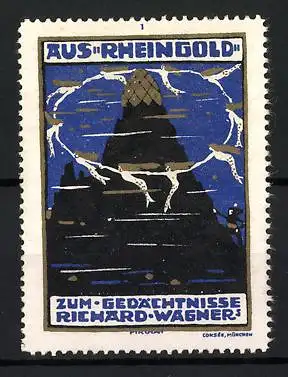 Künstler-Reklamemarke Emil Pirchan, München, Zum Gedächtnisse Richard Wagners, Rheingold-Szene