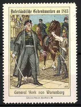 Reklamemarke Vaterländische Gedenkmarken an 1813, General York von Wartenburg, Soldat mit Pferd