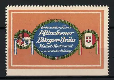 Reklamemarke Welt-Ausstellung Turin 1911, Münchener Bürger-Bräu, Kranzsymbol