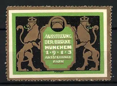 Künstler-Reklamemarke Emil Pirchan, München, Ausstellung der Brücke 1913, Löwen und Wappen im Park