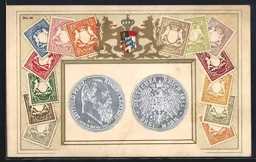 Präge-AK Münze mit Prinzregent Luitpold, bayrische Briefmarken