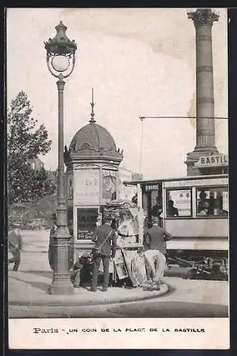 AK Paris, Un coin de la Place de la Bastille, Strassenbahn