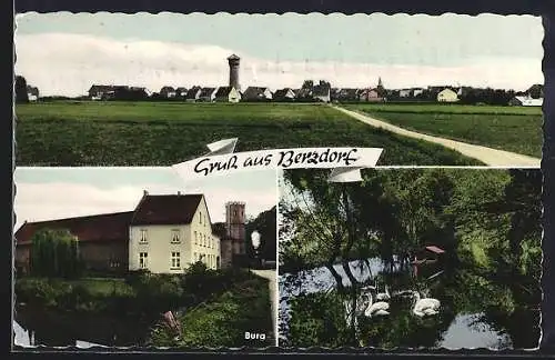 AK Berzdorf / Brühl, Ortsansicht mit Burg, Teich mit Schwänen