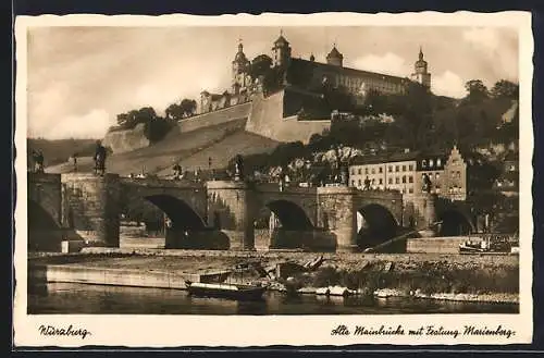 AK Würzburg, Alte Mainbrücke mit Festung Marienberg