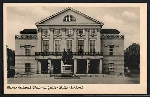 AK Weimar / Thüringen, Nationaltheater mit Goethe-Schiller-Denkmal