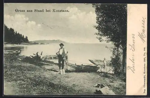 AK Staad b. Konstanz, Partie am See mit Mann und Booten