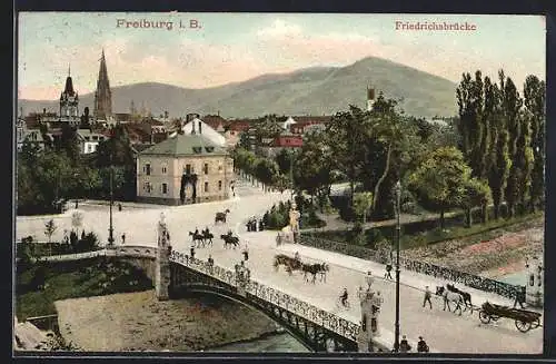 AK Freiburg i. B., Friedrichsbrücke, Im Hintergrund Kirche