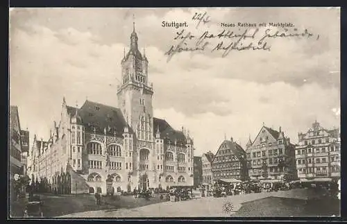 AK Stuttgart, Neues Rathaus mit Marktplatz