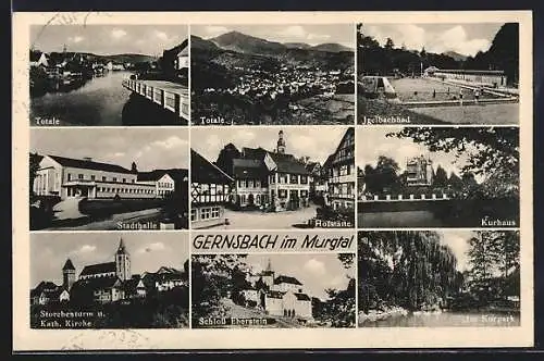 AK Gernsbach i. Murgtal, Gesamtansicht, Stadthalle und Schloss Eberstein